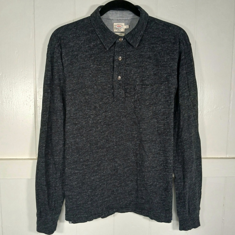 Faherty Brand Mens Organic Cotton Long Sleeve Polo Shirt Grey MKF2085-GRH Size M